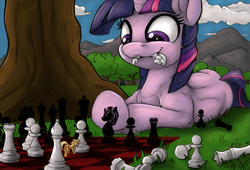 Size: 965x657 | Tagged: safe, artist:royalagate, artist:tsitra360, color edit, derpibooru exclusive, edit, imported from derpibooru, applejack, lyra heartstrings, twilight sparkle, pony, unicorn, appletini, chess, chessboard, chessboard incorrectly oriented, colored, duo, micro, mountain, mountain range, mouth hold, shading edit, tree