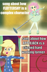 Size: 643x984 | Tagged: safe, artist:kuco, artist:root, edit, edited screencap, imported from derpibooru, screencap, applejack, fluttershy, equestria girls, equestria girls series, five to nine, so much more to me, clothes, cute, dress, female, image macro, meme, microphone, onesie, op is a duck, op is trying to start shit, pantyhose, shyabetes, singing, text, tights