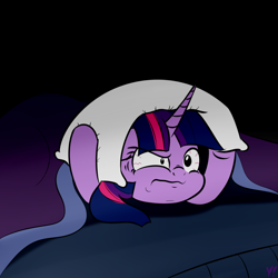 Size: 1200x1200 | Tagged: safe, artist:yakoshi, imported from derpibooru, twilight sparkle, pony, 30 minute art challenge, angry, bed, bloodshot eyes, female, insomnia, pillow, solo, twilight is not amused, twilight sparkle is not amused, unamused