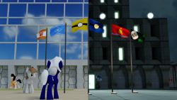 Size: 3840x2160 | Tagged: safe, artist:deloreandudetommy, imported from derpibooru, part of a set, oc, oc only, oc:denzel, oc:genesis swift, oc:setting sun, oc:supersaw, series:night and day, 3d, alternate equestrian flag, blender, flag, outdoors