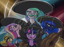 Size: 1250x922 | Tagged: safe, artist:radicalweegee, imported from derpibooru, princess cadance, princess celestia, princess luna, twilight sparkle, alicorn, pony, twilight sparkle's secret shipfic folder, abstract background, alicorn tetrarchy, facial hair, mariachi, moustache, sombrero, twilight sparkle (alicorn), watermark