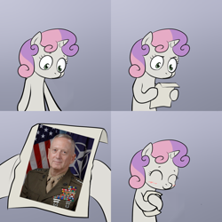 Size: 1024x1024 | Tagged: safe, imported from derpibooru, sweetie belle, human, pony, unicorn, american flag, blushing, clothes, comic, exploitable meme, happy, hug, irl, irl human, james mattis, meme, note, obligatory pony, photo, smiling, sweetie hugs a note, sweetie's note meme, uniform