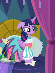 Size: 360x480 | Tagged: safe, imported from derpibooru, screencap, twilight sparkle, alicorn, pony, school daze, bed, clothes, cropped, curtains, dress, female, jester dress, mare, messy mane, pillow, ruff (clothing), sad, solo, tissue, twilight sparkle (alicorn)