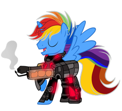 Size: 1024x934 | Tagged: safe, artist:mintoria, imported from derpibooru, oc, oc only, oc:rainbowblazie, alicorn, pony, alicorn oc, male, powered exoskeleton, simple background, solo, stallion, transparent background, weapon