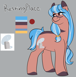 Size: 1788x1804 | Tagged: safe, artist:c1nn1m1n1, imported from derpibooru, oc, oc only, oc:resting place, earth pony, pony, female, grandmother, gray background, looking back, mare, reference sheet, simple background, smiling, solo