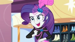 Size: 1280x720 | Tagged: safe, imported from derpibooru, screencap, rarity, display of affection, equestria girls, equestria girls series, bow, clothes, curtain, curtains, determined, jewelry, necklace, shoes