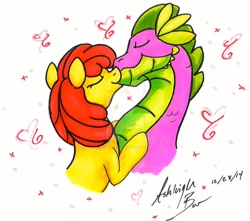 Size: 1024x904 | Tagged: safe, artist:pitterpaint, imported from derpibooru, apple bloom, spike, dragon, pony, cute, female, heart, hearts and hooves day, kissing, love, male, mare, older, older apple bloom, older spike, romantic, shipping, simple background, spikebloom, straight