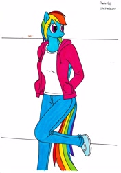 Size: 2466x3496 | Tagged: safe, artist:killerteddybear94, imported from derpibooru, rainbow dash, anthro, clothes, female, hand in pocket, hands in pockets, hoodie, jeans, multicolored hair, multicolored tail, pants, requested art, shoes, solo