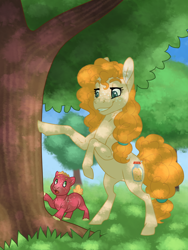 Size: 1200x1600 | Tagged: safe, artist:jackiebloom, imported from derpibooru, big macintosh, pear butter, earth pony, pony, baby, baby pony, colt, dappled sunlight, duo, female, foal, male, mare, mother and son, rearing, tree, younger