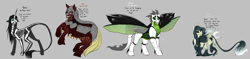 Size: 8108x1907 | Tagged: safe, artist:azraelartz, artist:theecchiqueen, imported from derpibooru, oc, oc only, oc:pandie, changeling, pegasus, pony, unicorn, changeling oc, death, famine, fangs, female, floppy ears, four horsemen of the apocalypse, gray background, horseman of death, horseman of famine, horseman of pestilence, horseman of war, leonine tail, male, mandibles, mare, pestilence, quartet, simple background, size difference, stallion, unshorn fetlocks, war