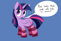 Size: 3496x2362 | Tagged: safe, artist:taurson, imported from derpibooru, twilight sparkle, alicorn, pony, clothes, dialogue, female, mare, simple background, socks, solo, speech bubble, striped socks, twilight sparkle (alicorn)