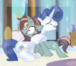 Size: 2033x1773 | Tagged: safe, artist:spectrumnightyt, imported from derpibooru, oc, oc only, oc:mystery moonlight, oc:spectrum night, pony, unicorn, crying, female, hug, mare, offspring, parent:rarity, parent:soarin', parents:soarity, solo, tears of joy