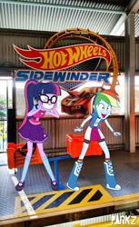 Size: 459x750 | Tagged: safe, artist:mrdankengine, imported from derpibooru, rainbow dash, sci-twi, twilight sparkle, equestria girls, movie magic, spoiler:eqg specials, australia, clothes, dreamworld, equestria girls in real life, hot wheels, ooc is serious business, roller coaster, skirt