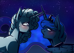 Size: 3500x2500 | Tagged: safe, artist:lrusu, imported from derpibooru, princess luna, star swirl the bearded, alicorn, pony, unicorn, female, looking at each other, lunaswirl, male, mare, night, open mouth, shipping, stallion, straight, younger