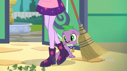 Size: 2208x1242 | Tagged: safe, imported from derpibooru, screencap, sci-twi, spike, spike the regular dog, twilight sparkle, dog, equestria girls, equestria girls series, my little shop of horrors, apron, boots, broom, celestia's house, clothes, discovery family logo, fountain, leaves, legs, paws, pictures of legs, raised leg, shoes, skirt