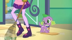 Size: 2208x1242 | Tagged: safe, imported from derpibooru, screencap, sci-twi, spike, spike the regular dog, twilight sparkle, dog, equestria girls, equestria girls series, my little shop of horrors, apron, boots, broom, celestia's house, clothes, discovery family logo, fountain, leaves, legs, paws, pictures of legs, raised leg, shoes, skirt