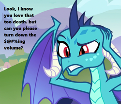 Size: 843x720 | Tagged: safe, edit, edited screencap, imported from derpibooru, screencap, princess ember, dragon, school daze, season 8, spoiler:s08, censored vulgarity, covering ears, cropped, dragoness, female, grammar error, grawlixes, implied loud, implied music, misspelling, ponyville, solo, text