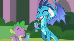 Size: 1280x720 | Tagged: safe, imported from derpibooru, screencap, princess ember, spike, dragon, school daze, baby, baby dragon, cute, dragoness, drink, drinking glass, drinking straw, duo, emberbetes, eyes closed, female, food, friends, grin, happy, just friends, male, smiling, spikabetes, spread wings, straw, strawberry, when she smiles, wings