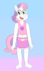 Size: 1000x1617 | Tagged: safe, anonymous artist, imported from derpibooru, sweetie belle, anthro, plantigrade anthro, barefoot, belt, clothes, feet, midriff, skirt, style emulation, tanktop