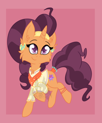 Size: 994x1200 | Tagged: safe, artist:scourgesong, imported from derpibooru, saffron masala, pony, cheek fluff, chest fluff, ear fluff, female, raised hoof, smiling, solo, watermark