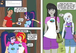Size: 1280x900 | Tagged: safe, artist:deltalima, imported from derpibooru, octavia melody, sci-twi, sunset shimmer, timber spruce, trixie, twilight sparkle, equestria girls, alternate universe, camp everfree outfits, cockblock, dialogue, female, imminent sex, implied lesbian, lesbian, scitwishimmer, shipping, sunsetsparkle