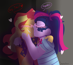 Size: 1280x1134 | Tagged: safe, artist:campeverfrees, imported from derpibooru, sci-twi, sunset shimmer, twilight sparkle, equestria girls, equestria girls series, alternate universe, blushing, eyes closed, female, heart, kissing, lesbian, scitwishimmer, shipping, sunsetsparkle