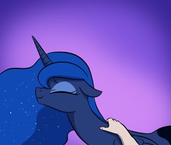 Size: 1021x864 | Tagged: safe, artist:doublewbrothers, edit, imported from derpibooru, princess luna, pony, cropped, cute, daaaaaaaaaaaw, disembodied hand, eyes closed, female, floppy ears, gradient background, hand, lunabetes, mare, offscreen character, petting, pov, simple background, smiling