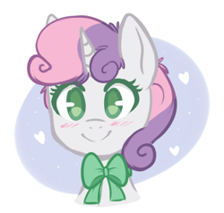 Size: 430x410 | Tagged: safe, artist:higgly-chan, imported from derpibooru, sweetie belle, pony, unicorn, blushing, bow, bust, colored pupils, cute, daaaaaaaaaaaw, diasweetes, female, filly, heart, hnnng, portrait, simple background, smiling, solo, white background