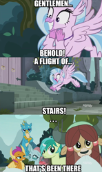 Size: 852x1440 | Tagged: safe, edit, edited screencap, imported from derpibooru, screencap, gallus, ocellus, sandbar, silverstream, smolder, yona, changedling, changeling, classical hippogriff, dragon, earth pony, griffon, hippogriff, pony, yak, school daze, aqua teen hunger force, doctor weird, image macro, meme, student six, that hippogriff sure does love stairs