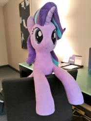 Size: 767x1024 | Tagged: safe, artist:nekokevin, imported from derpibooru, starlight glimmer, pony, unicorn, bedroom, chair, cute, desk, female, glimmerbetes, irl, mare, photo, plushie, smiling, solo