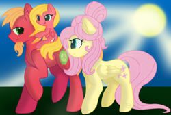 Size: 1024x688 | Tagged: safe, artist:leanne264, imported from derpibooru, big macintosh, fluttershy, oc, oc:sweet apple, pegasus, pony, alternate hairstyle, base used, facial hair, family, female, filly, fluttermac, goatee, hair bun, male, offspring, older, parent:big macintosh, parent:fluttershy, parents:fluttermac, ponies riding ponies, riding, shipping, straight, sweet apple riding bic macintosh
