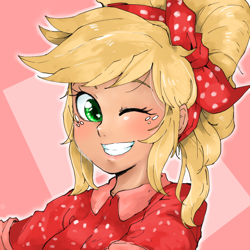 Size: 640x640 | Tagged: safe, artist:kogarasumaru24, imported from derpibooru, applejack, human, equestria girls, equestria girls series, five to nine, bandana, bust, clothes, cute, female, human coloration, humanized, jackabetes, looking at you, one eye closed, pink background, simple background, smiling, solo, wink
