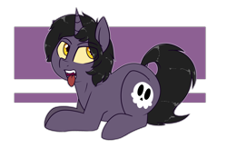 Size: 2000x1300 | Tagged: safe, artist:notenoughapples, imported from derpibooru, oc, oc only, oc:skullpon, pony, unicorn, male, prone, sharp teeth, simple background, solo, stallion, teeth, tongue out, transparent background