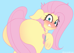 Size: 1924x1380 | Tagged: safe, artist:n0nnny, imported from derpibooru, fluttershy, pegasus, pony, blue background, blushing, butt, embarrassed, female, flutterbutt, looking at you, looking back, looking back at you, mare, plot, raised hoof, simple background, solo, strategically covered, tail censor, the ass was fat, underhoof, wide eyes