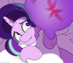 Size: 2300x2000 | Tagged: safe, artist:n0nnny, imported from derpibooru, starlight glimmer, pony, unicorn, dialogue, female, mare, misleading thumbnail, pillow, pillow fight, sleeping, solo, wide eyes