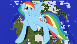 Size: 1440x838 | Tagged: safe, artist:catawump, artist:theunknown644, imported from derpibooru, rainbow dash, pegasus, pony, 3d, crossover, female, game screencap, mare, minecraft, minecraft pixel art, pixel art, raised hoof, solo