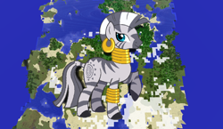 Size: 1440x838 | Tagged: safe, artist:shelltoon, artist:theunknown644, imported from derpibooru, zecora, pony, zebra, 3d, crossover, ear piercing, earring, female, game screencap, jewelry, leg rings, mare, minecraft, minecraft pixel art, neck rings, piercing, pixel art, raised hoof, solo