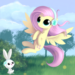 Size: 1000x1000 | Tagged: safe, artist:songbirdserenade, imported from derpibooru, angel bunny, fluttershy, pegasus, pony, cute, duo, female, flying, headphones, male, mare, outdoors, shyabetes, signature, smiling, spread wings, wings