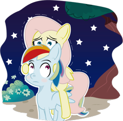 Size: 700x692 | Tagged: safe, artist:papaudopoulos69, imported from derpibooru, fluttershy, rainbow dash, pegasus, pony, duo, female, hiding, mare, night, scared, shaking, tree