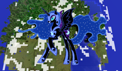 Size: 1440x838 | Tagged: safe, artist:moongazeponies, artist:theunknown644, imported from derpibooru, nightmare moon, alicorn, pony, 3d, armor, crossover, ethereal mane, female, game screencap, minecraft, minecraft pixel art, pixel art, raised hoof, solo, starry mane