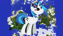 Size: 1440x838 | Tagged: safe, artist:theunknown644, artist:tsabak, imported from derpibooru, dj pon-3, vinyl scratch, pony, unicorn, 3d, crossover, female, game screencap, giant pony, looking up, macro, minecraft, minecraft pixel art, pixel art, solo, sunglasses