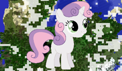 Size: 1440x838 | Tagged: safe, artist:paddixx, artist:theunknown644, imported from derpibooru, sweetie belle, pony, unicorn, 3d, blank flank, crossover, female, filly, game screencap, minecraft, minecraft pixel art, pixel art, solo