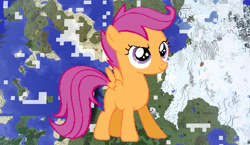 Size: 1440x838 | Tagged: safe, artist:shelmo69, artist:theunknown644, imported from derpibooru, scootaloo, pegasus, pony, 3d, crossover, female, filly, game screencap, minecraft, minecraft pixel art, pixel art, solo