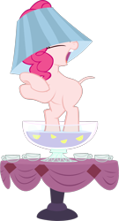 Size: 2192x4060 | Tagged: safe, artist:awesomecas, edit, editor:slayerbvc, imported from derpibooru, vector edit, pinkie pie, earth pony, pony, ponyville confidential, bipedal, cup, dancing, female, furless, furless edit, hat, lampshade, lampshade hat, mare, nude edit, nudity, ponk, punch (drink), punch bowl, shaved, shaved tail, simple background, solo, table, transparent background, vector