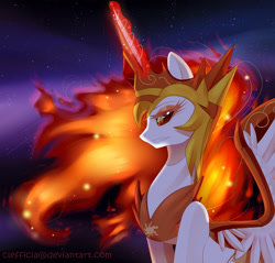 Size: 1117x1066 | Tagged: safe, artist:clefficia, artist:togeticisa, imported from derpibooru, daybreaker, alicorn, pony, a royal problem, armor, collaboration, crown, female, glowing horn, jewelry, magic, mare, redraw, regalia, solo