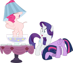 Size: 4692x4060 | Tagged: safe, artist:90sigma, artist:awesomecas, artist:parclytaxel, edit, editor:slayerbvc, imported from derpibooru, vector edit, pinkie pie, rarity, twilight sparkle, alicorn, earth pony, pony, unicorn, ponyville confidential, the gift of the maud pie, the hooffields and mccolts, absurd resolution, bipedal, cup, dancing, female, furless, furless edit, hat, head down, lampshade, lampshade hat, mare, nude edit, nudity, open mouth, ponk, punch (drink), punch bowl, shaved, shaved tail, simple background, table, transparent background, twilight sparkle (alicorn), vector