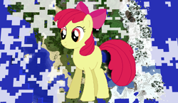 Size: 1440x838 | Tagged: safe, artist:glamourkat, artist:theunknown644, imported from derpibooru, apple bloom, earth pony, pony, 3d, crossover, female, filly, game screencap, minecraft, minecraft pixel art, pixel art, solo