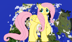 Size: 1440x838 | Tagged: safe, artist:catawump, artist:theunknown644, imported from derpibooru, fluttershy, pegasus, pony, 3d, crossover, female, game screencap, minecraft, minecraft pixel art, pixel art, raised hoof, solo