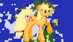 Size: 1440x838 | Tagged: safe, artist:catawump, artist:theunknown644, imported from derpibooru, applejack, earth pony, pony, 3d, crossover, female, game screencap, minecraft, minecraft pixel art, pixel art, raised hoof, solo