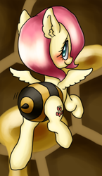 Size: 510x877 | Tagged: safe, artist:shusu, imported from derpibooru, fluttershy, pegasus, pony, animal costume, bee costume, blushing, clothes, costume, female, flutterbee, honeycomb (structure), smiling, solo, wiggle